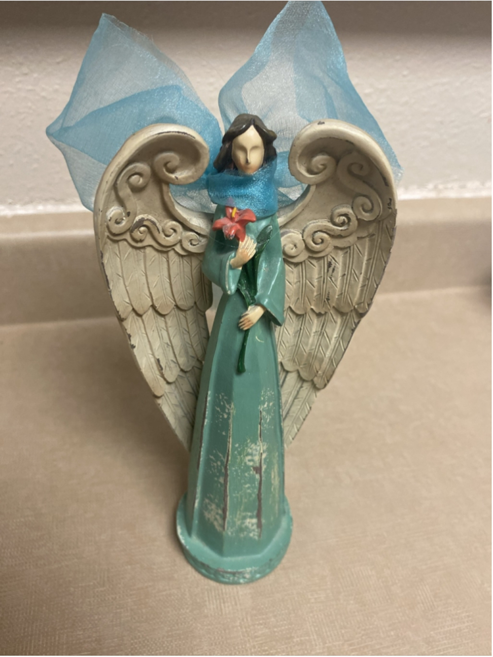 Wooden Angel Statue With Bird Resin Folk Art Rustic Primitive Spring Green